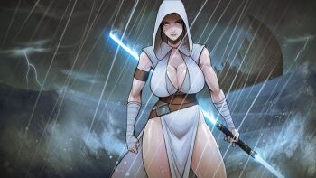 1girl arm_wrap belt blue_lightsaber breasts brown_belt cleavage clenched_hand devilhs double_bladed_lightsaber dress energy_sword highres holding holding_sword holding_weapon hood hooded_dress large_breasts lightsaber looking_at_viewer outdoors pelvic_curtain rain rey_(star_wars) side_slit solo star_wars storm sword weapon white_dress