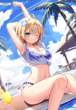 1girl absurdres ahoge arched_back armpits arms_up artist_name bikini bikini_top_under_shirt bikini_under_clothes blonde_hair blue_bikini blue_eyes blue_flower blue_sky braid braided_bangs breasts cleavage closed_mouth cloud cloudy_sky collarbone cup day dengeki_moeoh drinking_glass dutch_angle feet_out_of_frame flower hair_between_eyes hair_flower hair_ornament highres hurricane_glass kag_tsukimi knees_together_feet_apart light_blush looking_at_viewer magazine_scan medium_breasts navel o-ring o-ring_bottom one_eye_closed original outdoors page_number palm_tree scan see-through_clothes see-through_shirt shiny_skin shirt short_hair sitting sky smile solo stretching sunlight swimsuit third-party_source tied_shirt tree wet wet_clothes wet_shirt white_shirt x_hair_ornament