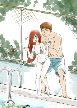 1girl 3boys bikini brown_hair catnap_knight_kureto commentary crocodile crocodilian garen_(league_of_legends) green_eyes hair_over_one_eye helmet highres katarina_(league_of_legends) league_of_legends multiple_boys open_mouth pool puckered_lips red_hair renekton scar scar_across_eye scar_on_face sweatdrop swimsuit teemo yordle