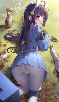 1girl animal animal_ears ass bird black_gloves black_hair blue_archive blue_serafuku blue_skirt blush bolt_action fake_animal_ears gloves grass grey_halo gun halo highres leaf leaf_on_head long_hair long_sleeves looking_at_viewer looking_back miyu_(blue_archive) mosin-nagant nifuji open_mouth pantyhose pleated_skirt rabbit_ears red_eyes rifle school_uniform serafuku skirt solo sparrow weapon weasel white_pantyhose