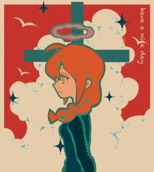 1girl black_dress braid chainsaw_man cloud commentary cross dress english_text halo long_sleeves makima_(chainsaw_man) outdoors pink_halo red_hair red_sky simple_bird sky solo symbol-only_commentary tuzaixia yellow_eyes