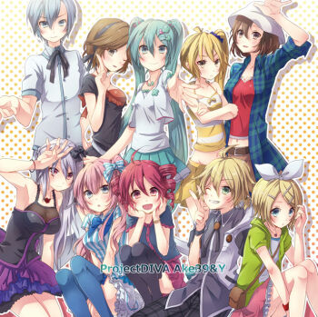 2boys 6+girls :d adapted_costume ahoge akita_neru armpits bow bowtie bracelet breasts cleavage crossed_arms crossover drill_hair grin hair_bow hair_ornament hairband hairclip hands_on_own_cheeks hands_on_own_face hat hatsune_miku jewelry kagamine_len kagamine_rin kaito_(vocaloid) kaito_(white_blazer)_(vocaloid) kasane_teto kasane_teto_(utau) long_hair medium_breasts megurine_luka megurine_luka_(fraulein) meiko_(black_one-piece)_(vocaloid) meiko_(vocaloid) midriff multiple_boys multiple_girls natsumi_yuu navel one_eye_closed open_mouth project_diva_(series) project_diva_2nd project_diva_extend project_diva_f sakine_meiko shirt short_hair side_ponytail sitting skirt small_breasts smile striped_clothes striped_shirt thighhighs twin_drills twintails utau v very_long_hair vocaloid yowane_haku yowane_haku_(gothic_purple)