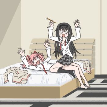 2girls :o akemi_homura arms_up bare_legs black_hair black_hairband black_skirt black_socks blush bow bowtie caught company_connection female_focus hair_ribbon hairband holding holding_toothbrush kaname_madoka long_sleeves lying mahou_shoujo_madoka_magica mahou_shoujo_madoka_magica_(anime) medium_hair mitakihara_school_uniform monogatari_(series) multiple_girls nisemonogatari no_shoes on_back on_bed on_person open_mouth parody pink_hair plaid_clothes plaid_skirt pleated_skirt red_ribbon ribbon scene_reference school_uniform shaft_(company) shirt short_twintails sitting skirt socks surprised toothbrush truffleduster twintails undone_bowtie wariza white_shirt yuri
