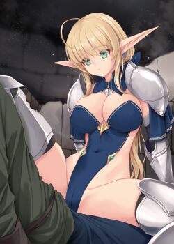 1boy 1girl :o ahoge armor armored_boots armored_gloves armored_legwear blonde_hair blue_bow blue_collar blue_leotard boots bow breasts cameltoe cleavage collar commentary_request covered_navel elf gauntlets green_eyes highleg highleg_leotard kirishima_satoshi large_breasts leotard leotard_elf_knightess_(kirishima_satoshi) long_hair long_pointy_ears original pauldrons pointy_ears shoulder_armor sideless_leotard stone_wall super_highleg very_long_hair
