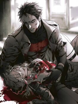 1boy 1girl bat_signal batman_(series) batman_symbol black_bodysuit black_gloves black_hair bleeding blonde_hair blood blood_from_mouth blood_on_clothes blood_on_hands blue_eyes bodysuit breasts brown_jacket couple dc_comics dying gloves grey_bodysuit highres injury jacket jason_todd multicolored_bodysuit muscular muscular_male oc_x_canon open_clothes original pants red_hood_(dc) red_hood_and_the_outlaws rfnyn17381 short_hair superhero_costume taut_bodysuit two-tone_bodysuit