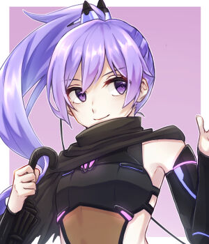 1girl black_umbrella closed_umbrella commentary_request detached_sleeves eyelashes holding long_hair mayor_(yukiusa101) ongeki ponytail purple_background purple_eyes purple_hair sideways_glance smile solo takase_rio umbrella upper_body