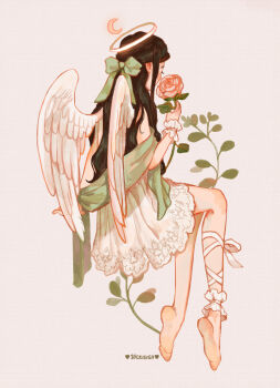 1girl angel_wings ankle_cuffs artist_name barefoot black_hair bow commentary crescent dress english_commentary flower full_body green_bow green_scarf hair_bow halo holding holding_flower leg_ribbon long_hair original pink_flower pink_rose ribbon rose scarf short_dress solo vicki_tsai white_dress wings wrist_cuffs
