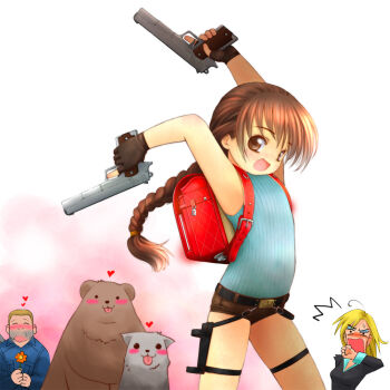2girls ^^^ aged_down animal backpack bag bear belt braid brown_eyes brown_hair child dual_wielding flat_chest gun handgun heart holding holster jacqueline_natla kusunoki_masashige lara_croft long_hair m1911 multiple_girls pistol randoseru semi-automatic_pistol short_shorts shorts thigh_holster thigh_strap tomb_raider trigger_discipline weapon wolf