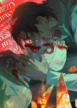 Rule 34 | 2boys, absurdres, bandaged head, bandages, blonde hair, blue coat, blue eyes, broken glass, brown hair, coat, curly (mouthwashing), curly (post-crash) (mouthwashing), curly (pre-crash) (mouthwashing), english text, exposed muscle, facial hair, fire, geru (shigeru13 pm), glass, grimace, highres, hospital gown, jimmy (mouthwashing), lap pillow, licking, licking eye, lying, male focus, mouthwashing, multiple boys, on back, red background, short hair, stubble, tearing up, upper body, wide-eyed, yaoi