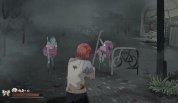 2girls asaka_karin bag bare_tree bicycles_only_sign blood blood_on_clothes blood_on_ground blue_hair dirty dirty_clothes dress flower flower_symbol fog grass hair_bun health_bar highres holding holding_lead_pipe lead_pipe love_live! love_live!_nijigasaki_high_school_idol_club manhole mannequin monster multiple_girls myonmukyuu nijigasaki_school_uniform orange_hair parody pink_dress ribbon road school_bag school_uniform signature silent_hill_(series) silent_hill_f skirt street summer_uniform tree uehara_ayumu voice_actor_connection