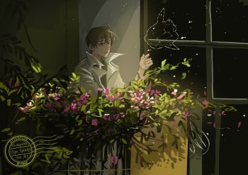 1boy :o animalization black_hair black_shirt bush character_print coat collared_shirt constellation fish hand_up hashtag-only_commentary highres indoors kim_dokja male_focus moonlight night ocean_sunfish omniscient_reader's_viewpoint open_clothes open_coat plant popped_collar shirt short_hair sky sparkling_eyes star_(sky) starry_sky typo_koneko upper_body white_coat wide-eyed window_light yoo_joonghyuk