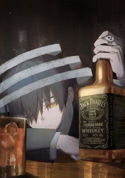 Rule 34 | 1boy, absurdres, alcohol, black hair, bottle, commentary request, death the kid, expressionless, hair over eyes, highres, holding, holding bottle, ice, jack daniel's, jewelry, lying, male focus, one eye closed, piyo main, ring, short hair, soul eater, yellow eyes