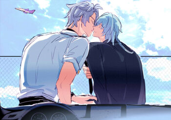2boys aircraft airplane anaxa_(honkai:_star_rail) black_necktie black_shirt blue_hair car chain-link_fence closed_eyes collared_shirt commentary_request fence grey_hair honkai:_star_rail honkai_(series) kiss korean_commentary long_sleeves male_focus mixed-language_commentary motor_vehicle multiple_boys necktie on_car paprika_(pprk1122) phainon_(honkai:_star_rail) pulling_another's_necklace shirt short_sleeves sketch smile upper_body white_shirt yaoi