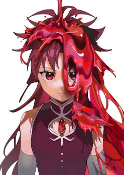 1girl absurdres bare_shoulders cleavage_cutout closed_mouth clothing_cutout commentary_request detached_sleeves gem grey_sleeves highres liquid long_hair looking_at_viewer magical_girl mahou_shoujo_madoka_magica mahou_shoujo_madoka_magica_(anime) pouring red_eyes red_gemstone red_hair sakura_kyoko sakura_kyoko_(magical_girl) shadow solo soul_gem straight-on white_background yooki_(winter_cakes)