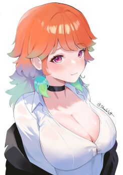 1girl :3 black_choker black_jacket blush breasts choker cleavage dress_shirt earrings feather_earrings feathers gradient_hair green_hair highres hololive hololive_english jacket jewelry large_breasts long_hair looking_at_viewer multicolored_hair orange_hair purple_eyes shadelett shirt simple_background solo takanashi_kiara twitter_username upper_body white_background white_shirt