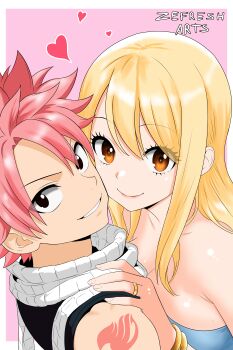 1boy 1girl absurdres artist_name black_eyes black_shirt blonde_hair breasts brown_eyes cheek-to-cheek cleavage closed_mouth collarbone couple fairy_tail grin heads_together heart hetero highres large_breasts long_hair looking_at_viewer lucy_heartfilia natsu_dragneel pink_background pink_hair scarf shirt shoulder_tattoo sleeveless sleeveless_shirt smile spiked_hair straight_hair strapless tattoo white_scarf zefresh_arts