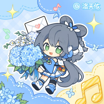 1girl :d asymmetrical_legwear beamed_eighth_notes blue_flower blue_sleeves boots bouquet braid chibi chinese_text commentary_request detached_sleeves eighth_note flower full_body green_eyes grey_hair hair_ornament hair_rings headset heart holding hydrangea kneehighs long_hair looking_at_viewer luo_tianyi musical_note open_mouth pleated_skirt shirt single_kneehigh single_sock single_thighhigh skirt smile socks solo sparkle thighhighs very_long_hair vocaloid vsinger_(vocaloid) white_skirt