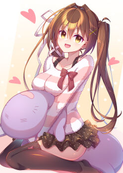 1girl :d black_skirt black_thighhighs blush breasts collarbone commentary_request eyes_visible_through_hair full_body hair_between_eyes hair_intakes hair_ornament hair_ribbon happy heart highres hugging_object imouto_no_seiiki impossible_clothes impossible_sweater large_breasts long_hair long_sleeves looking_at_viewer mate_(oktavia1121) miniskirt nase_yukana no_shoes open_mouth pink_sweater pleated_skirt polka_dot polka_dot_background polka_dot_skirt ribbon simple_background sitting skirt smile solo striped_clothes striped_sweater stuffed_animal stuffed_cat stuffed_toy sweater thighhighs tress_ribbon twintails very_long_hair wariza white_ribbon x_hair_ornament yellow_background yellow_eyes