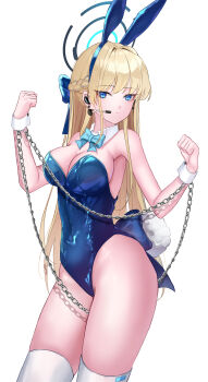 1girl absurdres animal_ears aqua_bow ass blonde_hair blue_archive blue_eyes blue_halo blue_leotard blush bow braid breasts cleavage closed_mouth commentary covered_navel cuffs detached_collar fake_animal_ears hair_between_eyes hair_intakes halo handcuffs highres leotard long_hair looking_at_viewer medium_breasts nox_(csya7458) official_alternate_costume playboy_bunny rabbit_ears rabbit_girl side_braid solo standing thick_thighs thighhighs thighs toki_(blue_archive) toki_(bunny)_(blue_archive) white_background white_thighhighs white_wrist_cuffs wrist_cuffs