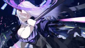 Rule 34 | 1girl, ami shido (crymachina), android, breasts, cleavage, commentary request, crymachina, dress, fighting stance, guest art, hair over one eye, halo, highres, holding, holding weapon, horns, kuronoiparoma, large breasts, long hair, looking at viewer, single horn, solo, weapon, white eyes, white hair