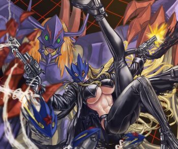 1girl armor ass beelstarmon belt black_belt black_boots black_coat black_gloves black_pants black_vest blonde_hair blue_mask boots breasts claws coat colored_sclera commentary_request commission creature cropped_vest derringer diablomon digimon digimon_(creature) eye_mask firing ginkado gloves green_eyes green_sclera gun handgun helmet high_heel_boots high_heels holding holding_gun holding_weapon horns large_breasts leather leather_pants leg_up lipstick long_arms long_hair long_sleeves looking_at_viewer makeup mask monster multiple-barrel_gun navel open_mouth pants parted_lips partial_commentary purple_lips red_eyes sharp_teeth sidelocks skeb_commission smile stomach teeth third_eye tight_clothes tight_pants underboob vest weapon yellow_eyes zipper
