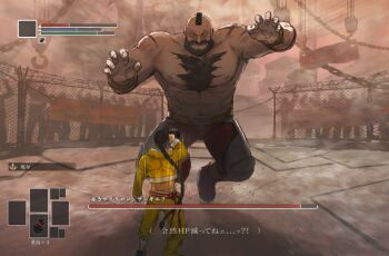 11moon_x 2boys beard belt black_hair braid chest_hair chinese_clothes commentary crop_top crowd dark_souls_(series) drinking facial_hair from_behind full_body furrowed_brow gameplay_mechanics gold_belt gourd holding holding_gourd jacket jamie_siu jumping male_focus male_underwear mohawk multiple_boys muscular muscular_male open_mouth outdoors pants ponytail red_male_underwear scar scar_on_arm scar_on_leg single_braid standing straight-on street_fighter street_fighter_6 strongman_waist symbol-only_commentary tassel topless_male underwear wristband yellow_jacket yellow_pants zangief