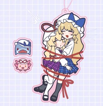 Rule 34 | 2girls, alternate costume, animalization, axolotl, black shoes, blonde hair, blue bow, blue skirt, bound together, bow, closed eyes, collared shirt, commentary, english commentary, grey socks, hat, hat bow, hat ribbon, hug, kneehighs, long hair, long sleeves, mary janes, mob cap, multiple girls, no noru, open mouth, plaid clothes, plaid skirt, purple skirt, red ribbon, ribbon, shark, shirt, shoes, skirt, socks, thighhighs, touhou, very long hair, watatsuki no toyohime, white hat, white shirt, yakumo yukari, yakumo yukari (axolotl), yellow eyes, yuri