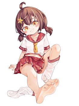 1girl ahoge barefoot blush brown_hair chaosexceed feet foot_focus foreshortening full_body hair_ornament highres navel original pleated_skirt red_skirt school_uniform short_sleeves simple_background single_sock sitting skirt socks soles solo toes twintails white_background white_socks