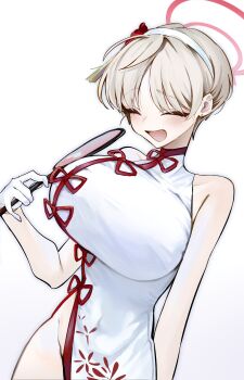 Rule 34 | 1girl, ^ ^, absurdres, blonde hair, blue archive, blush, breasts, china dress, chinese clothes, closed eyes, dantyou2525, dress, earrings, gloves, groin, hairband, halo, hand fan, highres, holding, holding fan, huge breasts, jewelry, large breasts, marina (blue archive), marina (qipao) (blue archive), official alternate costume, short hair, simple background, sleeveless, sleeveless dress, smile, solo, stud earrings, upper body, white background, white dress, white gloves, white hairband