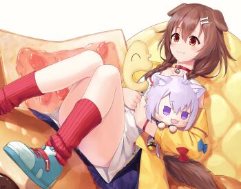 1girl absurdres animal_collar animal_ears belt_collar blue_shoes bone_hair_ornament braid braided_twintails bread brown_eyes brown_hair character_doll chocolate_cornet closed_mouth collar convenient_leg dog_ears dog_girl dog_tail doll double-parted_bangs dress dutch_angle food hair_between_eyes hair_ornament hairclip highres hololive hugging_doll hugging_object inugami_korone inugami_korone_(1st_costume) jacket knees_up listener_(inugami_korone) long_hair loose_socks low_twin_braids low_twintails melon_bread nekomata_okayu off_shoulder open_clothes open_jacket oversized_food oversized_object parallel_hairclips paw_pendant red_collar red_socks shoes short_dress sitting sleeveless sleeveless_dress smile sneakers socks solo tail traveler_(artbbt) twin_braids twintails virtual_youtuber white_dress wristband yellow_jacket