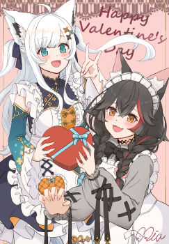 2girls :d ahoge animal_ear_fluff animal_ears apron aqua_eyes black_bow black_bowtie black_hair black_skirt blush bow bowtie box braid center_frills chinese_clothes claw_pose commentary_request cross-laced_clothes cross-laced_sleeves crossed_bangs detached_sleeves double-parted_bangs fang fingernails flipped_hair fox_ears fox_shadow_puppet frilled_apron frilled_sleeves frills grey_shirt hair_between_eyes hair_ribbon happy_valentine heart-shaped_box highres hololive long_hair long_sleeves looking_at_viewer low_twin_braids low_twintails maid maid_apron maid_headdress mia960 mixed-language_commentary multicolored_hair multiple_girls official_alternate_costume official_alternate_hairstyle ookami_mio ookami_mio_(8th_costume) open_mouth qi_maid red_hair ribbon shanghai_neckline shirakami_fubuki shirakami_fubuki_(waitress) shirt skin_fang skirt smile spiked_hair streaked_hair twin_braids twintails two_side_up valentine virtual_youtuber white_apron white_hair wide_sleeves wolf_ears yellow_eyes