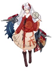 Rule 34 | 1girl, absurdres, alternate costume, antenna hair, aoqun, azur lane, black background, blush, boots, breasts, brown footwear, chinese clothes, closed mouth, folding fan, full body, grey hair, hair between eyes, hand fan, hanfu, headgear, highres, holding, holding fan, jiaoling ruqun, long hair, long sleeves, looking at viewer, machinery, multicolored hair, paper fan, prinz eugen (azur lane), red hair, rigging, simple background, skirt, smile, solo, standing, streaked hair, tuanshan, turret, two side up, uchiwa, white hair, wide sleeves, zheizhi daimiao
