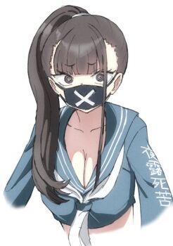 Rule 34 | 1girl, black eyes, black hair, black mask, blue archive, blue sailor collar, blue shirt, breasts, cleavage, clothes writing, cropped torso, kin-san (sasuraiga), long hair, looking at viewer, mask, midriff, mouth mask, neckerchief, ponytail, sailor collar, school uniform, serafuku, shirt, simple background, solo, sukeban (smg) (blue archive), white neckerchief