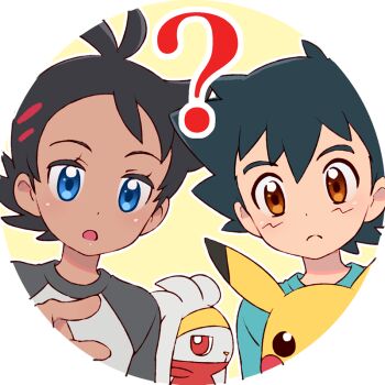 2boys antenna_hair ash_ketchum blue_eyes brown_eyes closed_mouth eyelashes gen_1_pokemon gen_8_pokemon goh_(pokemon) hair_between_eyes hand_up light_frown male_focus multiple_boys nintendo okaohito1 open_mouth pikachu pointing pokemon pokemon_(anime) pokemon_(creature) pokemon_journeys raboot raglan_sleeves shirt short_hair t-shirt