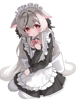 Rule 34 | 1girl, 3:, alternate costume, animal ears, apron, back bow, black dress, black hair, blue archive, blush, bow, bowtie, brown eyes, clenched hands, closed mouth, dress, enmaided, eyelashes, frilled apron, frilled dress, frills, full body, furrowed brow, grey hair, hair between eyes, hair intakes, hand up, highres, huge bow, kokona (blue archive), long hair, long sleeves, looking at viewer, maid, maid apron, maid headdress, multicolored hair, pantyhose, pink bow, pink bowtie, shy, sidelighting, sidelocks, simple background, sitting, solo, straight hair, streaked hair, tareme, tiger ears, tiger girl, very long hair, white apron, white background, white bow, white pantyhose, xiaoxiaoyifan, yokozuwari