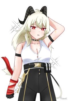 ahoge arm_strap arm_up artist_logo bare_shoulders black_choker black_gloves black_horns black_pants black_tail blonde_hair breasts choker cleavage collarbone commentary cowboy_shot curled_horns demon_tail earrings gloves high-waist_pants highres horns jewelry key_earrings large_breasts logo long_hair looking_at_viewer mole mole_on_breast mole_under_eye pants parted_lips red_eyes shirt_tucked_in simple_background sparkle sparkling_aura symbol-only_commentary tail tenrino white_background wuthering_waves yellow_pupils zani_(wuthering_waves)