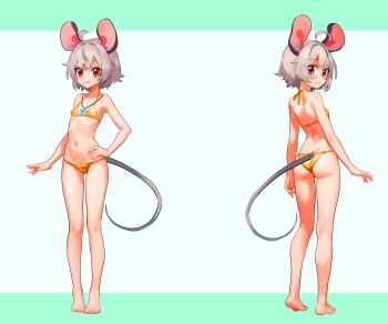 1girl absurdres ahoge alternate_costume animal_ears ass barefoot bikini blush breasts closed_mouth commentary commission english_commentary full_body gold_bikini grey_hair hand_on_own_hip highres jewelry large_variant_set looking_at_viewer mouse_ears mouse_girl mouse_tail multiple_views nazrin necklace open_mouth pendant red_eyes second-party_source short_hair small_breasts smile swimsuit tail toes touhou tsukiyono_aroe variant_set