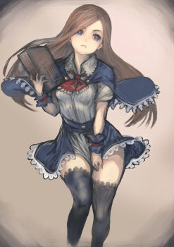 1girl ascot blue_capelet blue_eyes blue_thighhighs book brown_hair capelet castlevania:_portrait_of_ruin castlevania_(series) charlotte_aulin highres holding holding_book johan_(johan13) long_hair red_ascot shirt skirt thighhighs white_shirt zettai_ryouiki