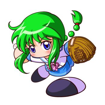 Rule 34 | 1girl, ball, baseball (object), baseball glove, blue eyes, blue shoes, blue skirt, bow, bowtie, braid, commentary request, green hair, hayakawa aoi, holding, holding ball, jikkyou powerful pro yakyuu, jikkyou powerful pro yakyuu (style), long hair, multicolored shoes, no mouth, pink bow, pink bowtie, rayman limbs, sailor collar, shirt, shoes, single braid, skirt, solo, taiju, two-tone shoes, white background, white sailor collar, white shirt, white shoes