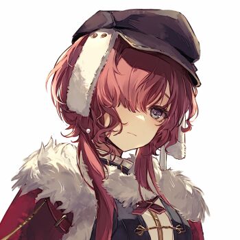 1girl black_hat black_vest blue_eyes cape cross_tie dagong_baiquan fur-trimmed_cape fur_trim hair_over_one_eye hat highres long_hair looking_at_viewer newsboy_cap one_eye_covered portrait red_cape red_hair reverse:1999 solo vest white_background yenisei_(reverse:1999)