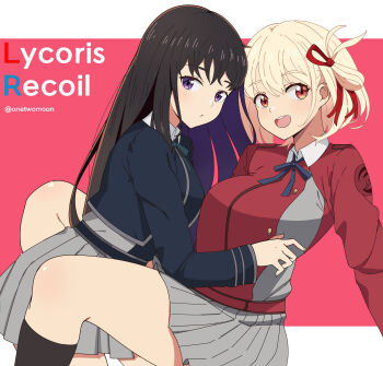 2girls absurdres black_hair blonde_hair blue_dress dress grey_dress hair_ribbon highres inoue_takina long_hair long_sleeves looking_at_viewer lycoris_recoil lycoris_uniform multiple_girls neck_ribbon nishikigi_chisato open_mouth pleated_dress purple_eyes red_dress red_eyes red_ribbon ribbon shirt short_hair smile teeth twitter_username two-tone_dress twomoon