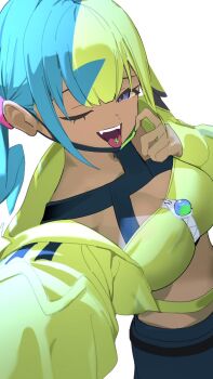 1girl 38_(sanjuuhachi) :d bandeau black_hair blonde_hair blue_eyes blue_hair breasts canari_(pokemon) cleavage commentary dark-skinned_female dark_skin highres jacket long_sleeves medium_breasts multicolored_hair nintendo open_mouth pokemon pokemon_legends:_z-a selfie smile solo tongue tongue_out twintails yellow_bandeau yellow_jacket