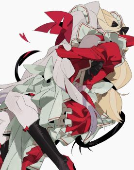 2girls bilidongdong black_socks blush charlie_morningstar closed_eyes demon_tail dress grey_hair hazbin_hotel heart hellaverse highres hug implied_kiss kneehighs long_hair multiple_girls red_dress simple_background socks tail vaggie white_background yuri