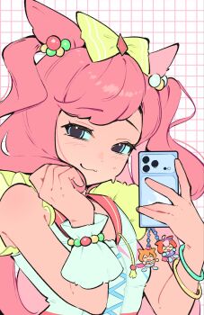 Rule 34 | 1girl, agnes digital (full-color fangirling) (umamusume), agnes digital (umamusume), animal ears, bea lenoir, blue eyes, blush, bow, bracelet, breasts, cellphone, cellphone charm, character charm, charm (object), closed mouth, fang, hair bow, hashtag-only commentary, highres, holding, holding phone, horse ears, horse girl, jewelry, long hair, looking at viewer, meisho doto (turbulent blue) (umamusume), meisho doto (umamusume), phone, pink hair, shirt, single wrist cuff, skin fang, sleeveless, small breasts, smartphone, smile, solo, t.m. opera o (o sole suo!) (umamusume), t.m. opera o (umamusume), two side up, umamusume, white shirt, wrist cuffs, yellow bow