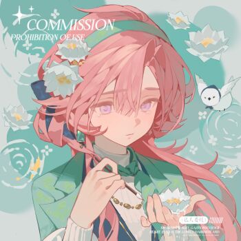 Rule 34 | 1girl, asymmetrical bangs, bao rong, closed mouth, commission, earrings, eyelashes, fingernails, flower, flower hairband, gem, green gem, green hairband, green jacket, hair ornament, hairband, highres, holding, holding flower, jacket, jewelry, lapels, long hair, lotus, mihuashi commission, nail polish, necklace, notched lapels, original, parted bangs, pink eyes, pink hair, pink nails, sidelocks, single earring, solo, square, tears, upper body, water, watermark, white flower, white lotus