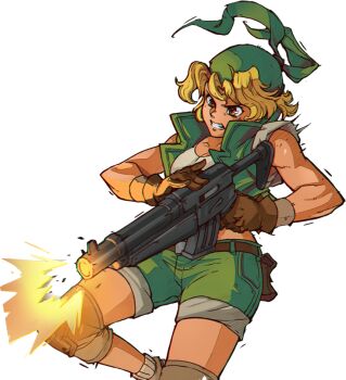 1girl artist_request bandana baton_(weapon) belt blonde_hair breasts clothing_cutout crop_top firing green_bandana green_shorts green_vest gun hip_vent kasamoto_eri knee_pads machine_gun metal_slug midriff navel official_art open_clothes open_vest shirt short_shorts shorts transparent_background utility_vest vest weapon white_shirt