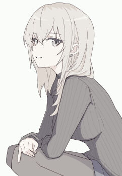 1girl black_choker black_pantyhose black_sweater blue_shorts breasts choker earclip girls_band_cry grey_eyes grey_hair hair_between_eyes highres kawaragi_momoka long_hair long_sleeves looking_at_viewer medium_breasts multicolored_hair n_nai_nai_n open_mouth pantyhose pantyhose_under_shorts pinky_out roots_(hair) shorts sidelocks simple_background solo sweater white_background