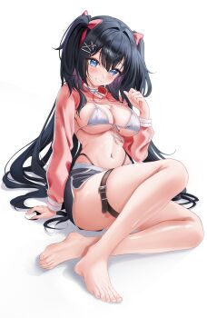 1girl absurdres alternate_costume barefoot bikini black_hair black_shorts blue_eyes blush breasts commentary_request dolphin_shorts hair_between_eyes hand_up highres juchyoko korean_commentary large_breasts long_hair long_sleeves looking_at_viewer multicolored_hair navel parted_lips pink_shrug purple_hair shirayuki_hina shorts shrug_(clothing) simple_background sitting smile solo stellive stomach swimsuit thigh_strap toenails very_long_hair virtual_youtuber white_background white_bikini