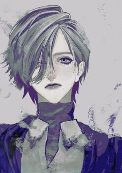 1girl aegyo_sal black_coat black_shirt blue_eyes coat expressionless grey_hair hair_over_one_eye head_tilt highres kasahara_iji looking_at_viewer original portrait shirt short_hair solo swept_bangs undershirt white_shirt