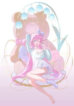 1girl ;o absurdres ahoge alternate_costume aqua_eyes arm_up bon_(bony_53) bow breasts cleavage commentary_request dress full_body hairband hand_up highres large_breasts long_hair long_sleeves looking_at_viewer megurine_luka one_eye_closed oversized_object pink_bow pink_hair ribbon short_dress shorts shorts_under_dress single_bare_foot single_sock sleepy socks solo striped_clothes striped_socks stuffed_animal stuffed_toy teddy_bear very_long_hair vocaloid white_background white_dress white_hairband white_shorts yellow_ribbon